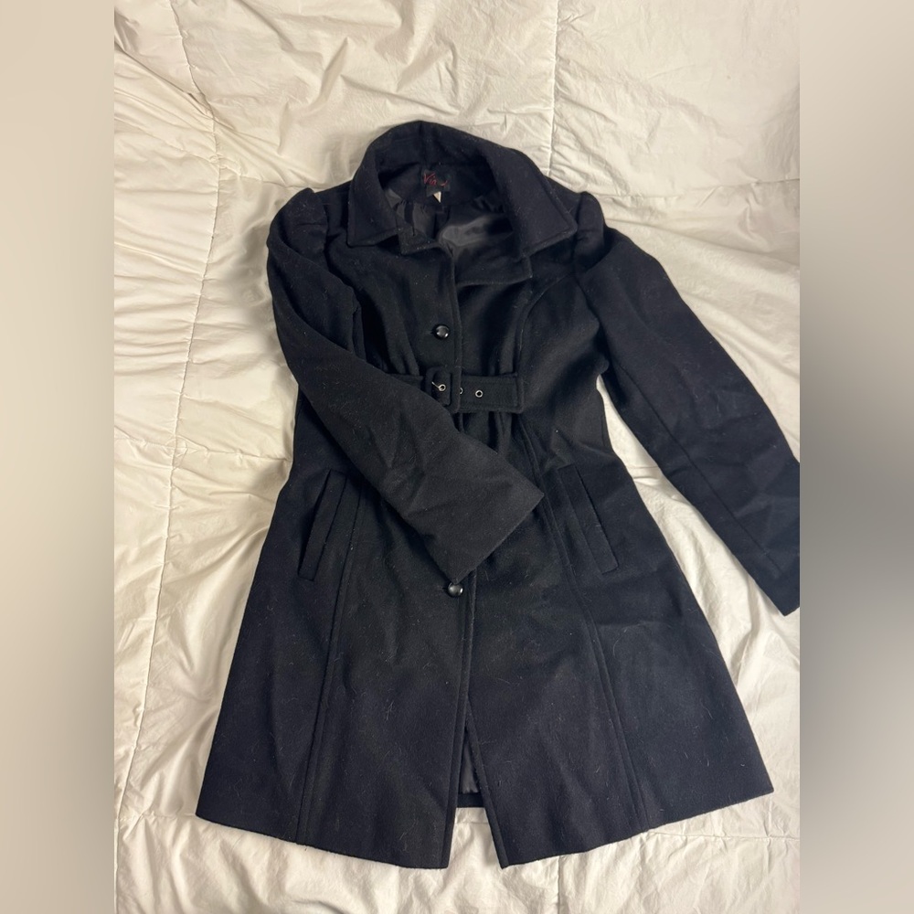 Via Elegant Black Trench Coat Wool